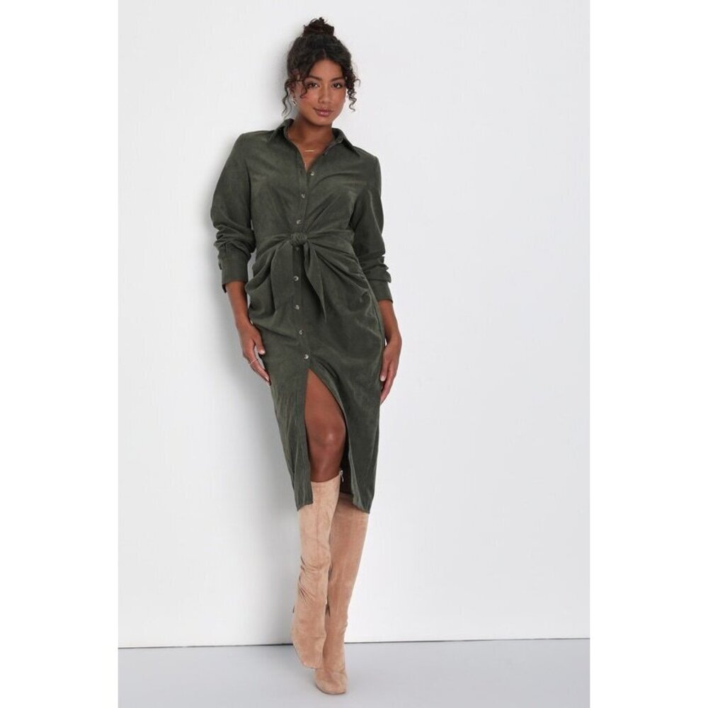 Lulus Autumnal Views Olive Green Suede Button-up Tie-front Midi Dress - Size S